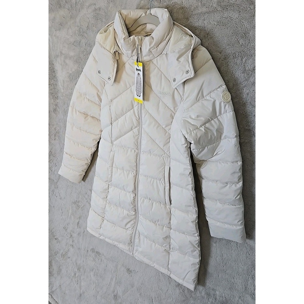 Bench Brand Wmns Long Puffer Jacket - Sz Small Cream Recycled Plastic Polyester